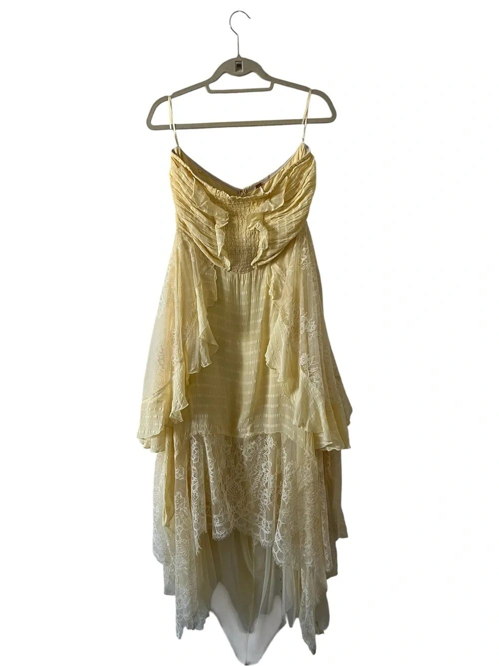 Free People Bliss Lace Kerchief Hem Strapless Maxi Dress Yellow Size Large - Picture 7 of 16